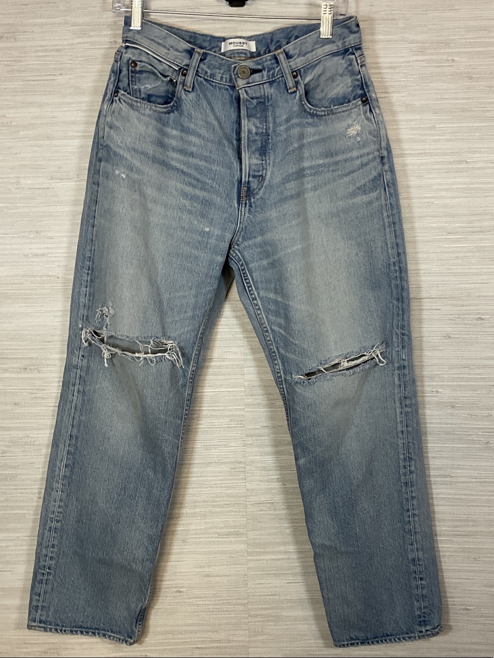 Moussy Vintage Distressed Straight Leg Light Wash Button Fly Jeans 29 100%Cotton